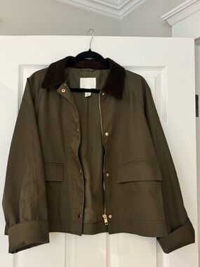 H&M Olive Green Utility Jacket with Brown Corduroy Collar